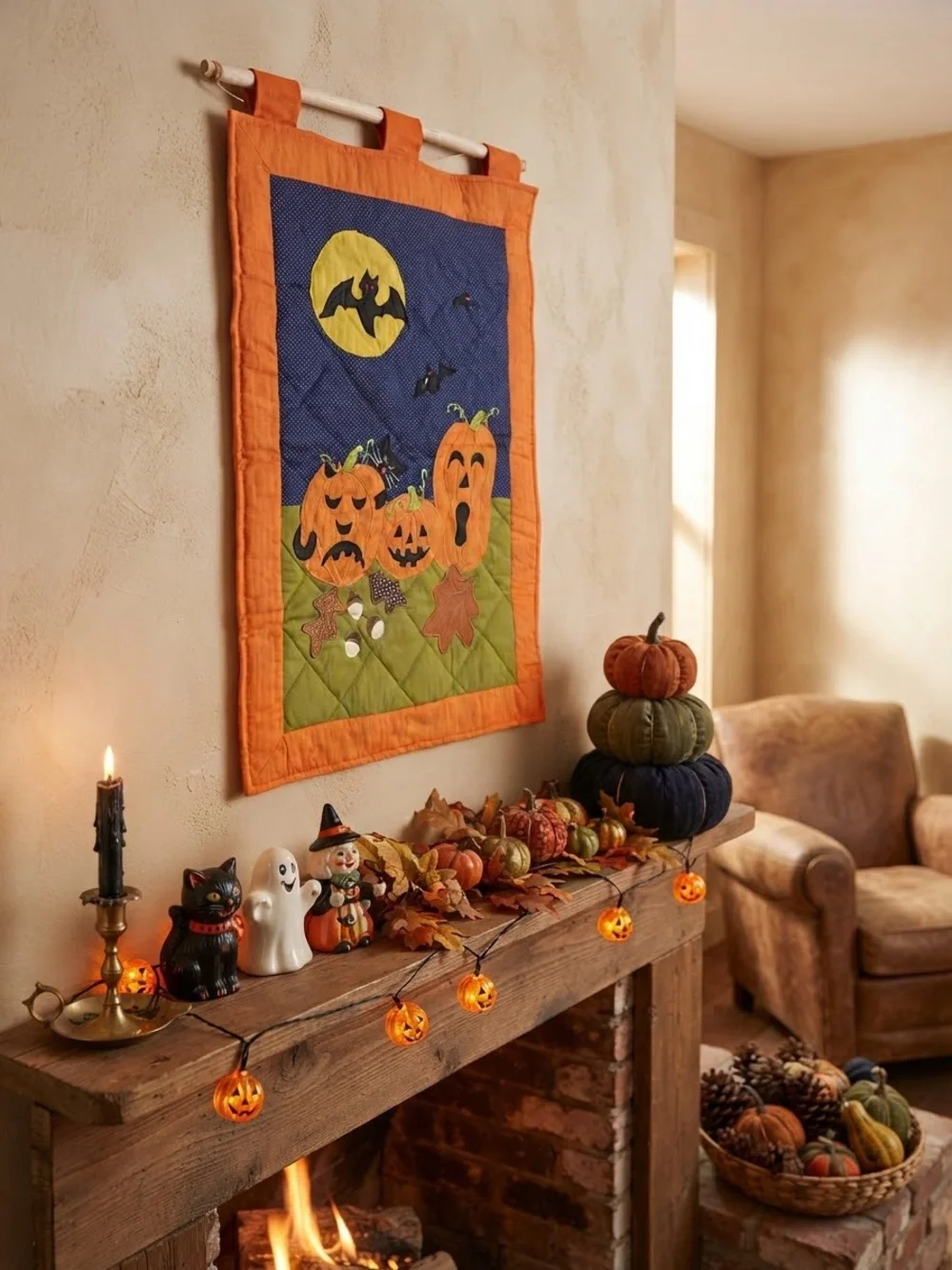 Halloween Pumpkin Wall Hanging Quilt - Orange, Blue & Green